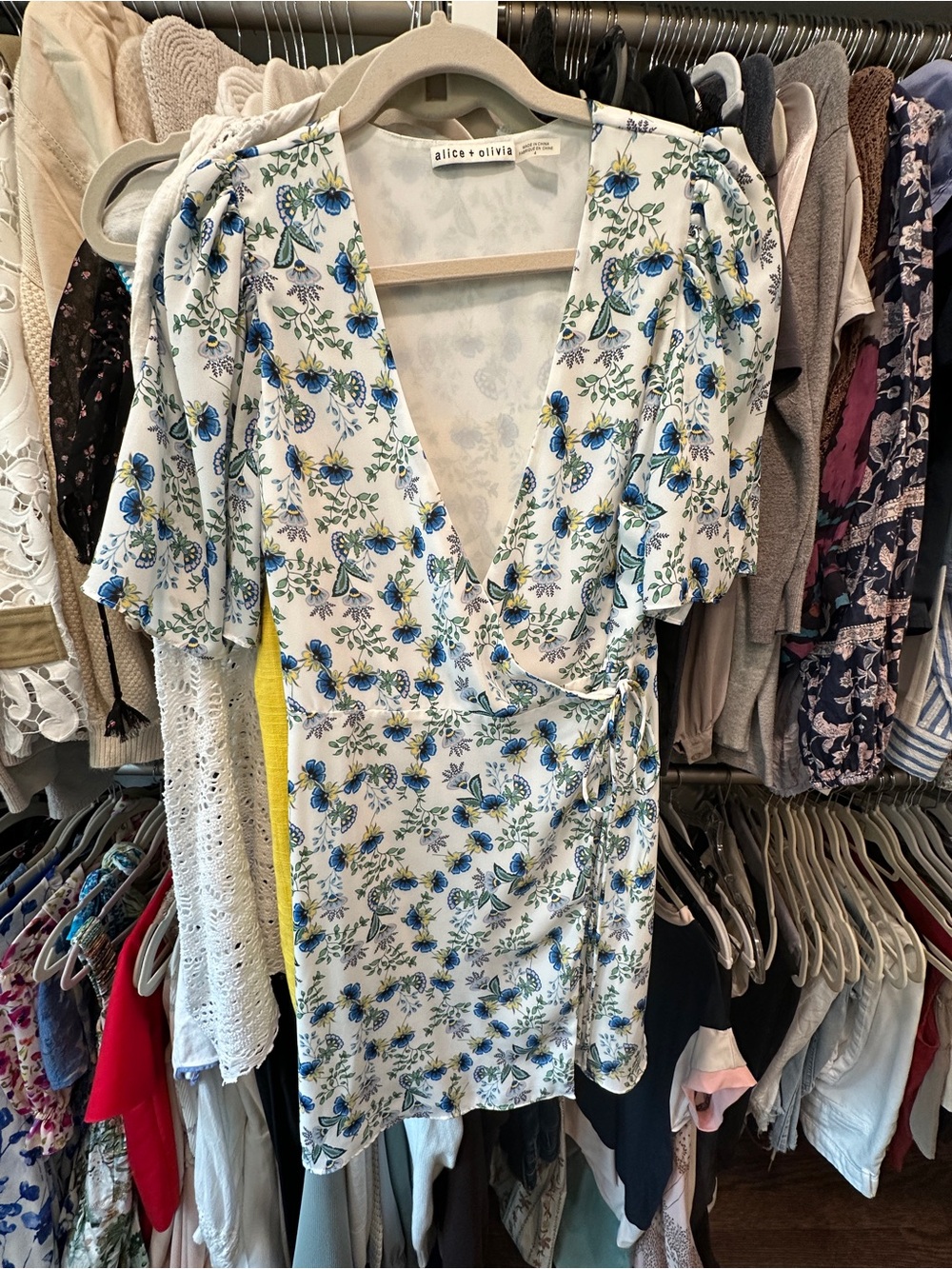 Alice + Olivia White Floral Wrap Dress with Blue and Green Print